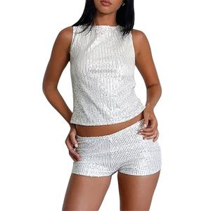 iTranyee Women Sexy Sequin Tank Top Y2k Sparkly Glitter Crew Neck Sleeveless Vest for Club Silver S