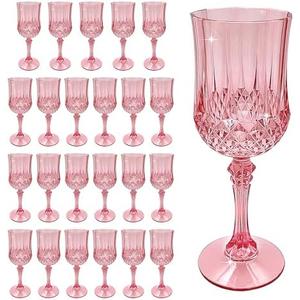 JUSONEY Vintage Plastic Wine Glasses,Crystal Textured Plastic Goblets,Disposable Wine Glasses for Parties,Weddings,Elegant Events(24pcs-Rose Gold)