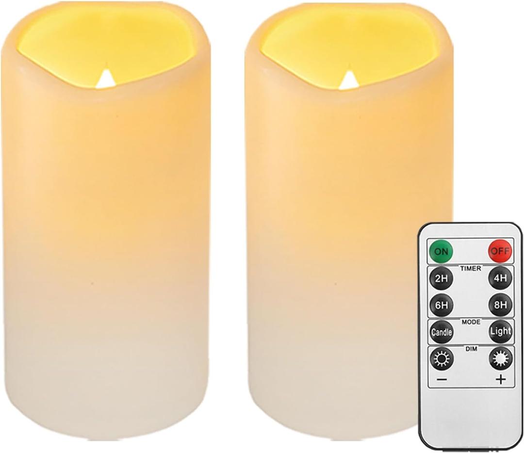2PACK Outdoor Plastic flameless Candles with Remote Control and Timer, LED Flickering Battery Operated Electric Pillar Candles (D3 xH5.5) for Camping, Weddings, Home Decoration (lvory -warm light-Plastic2)