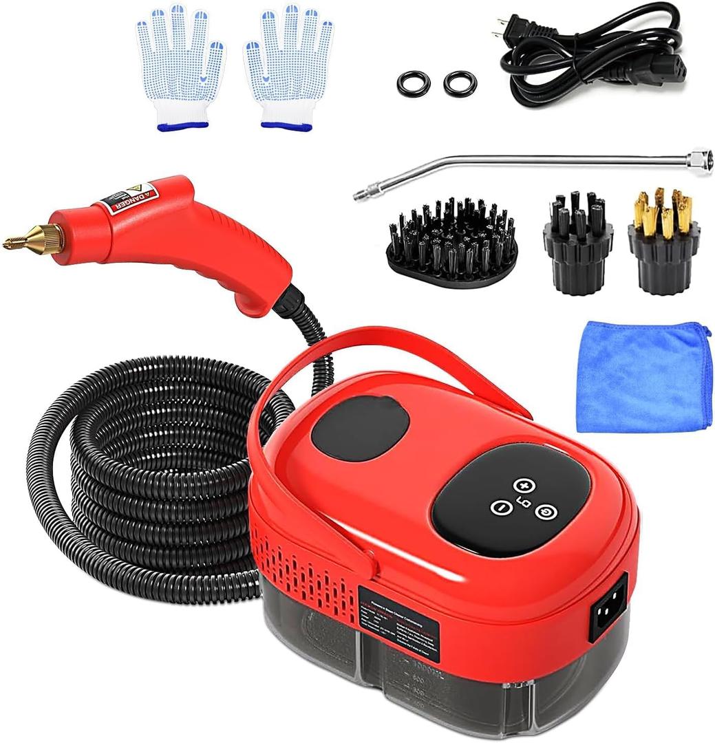 YXQ Handheld Steam Cleaner 2500W High Temperature Pressurized Steam Cleaner 10S Fast Heating with 3 Brush Heads and Extended Rod Portable Steam Cleaning Machine for Kitchen, Bathroom, Tile (Red)