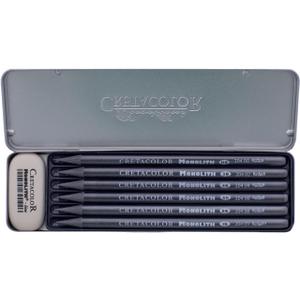 CRETACOLOR Monolith Graphite 6-Piece Set & Eraser, Set of 6  - Graphite & Eraser, Tin Box, Gray
