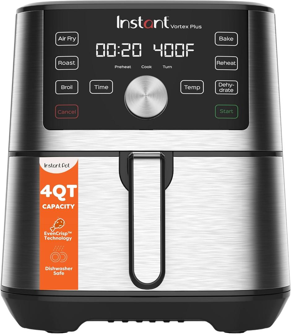 Instant Pot 4QT Vortex Plus 6-in-1 Mini Air Fryer, Custom Program Options, Crisps, Broils, Roasts, Dehydrates, Bakes, Reheats, 100+ In-App Recipes, Stainless Steel,4 Quarts