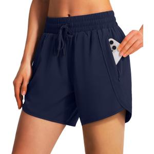 Ksmien Women's 5" Athletic Running Shorts Quick Dry Lightweight Workout Gym Shorts with Zipper Pockets UPF 50+ (Large, Navy Blue)