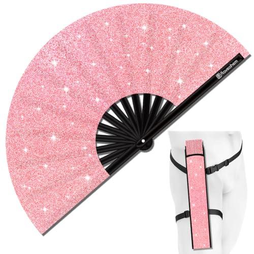 Raveahem Glitter Large Rave Folding Clack Hand Fan with Holster for Men/Women Handheld Fan for EDM, Festival, Club, Party, Dance (Pink)