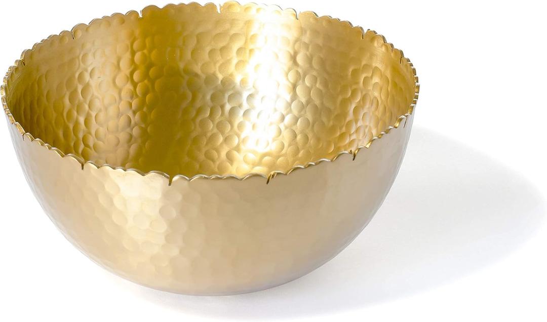 Red Co. Decorative 8.25 Inch Round Hammered Aluminum Centerpiece Bowl with Torn Rim, Gold