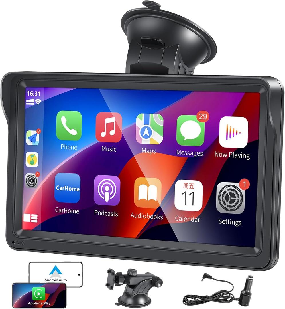 Car Play, Portable Wireless Carplay & Android Auto, Car Stereo Display, 7 Inch HD IPS Touch Screen, Car Radio with Bluetooth Hands-Free Calling/Mirror Link/GPS Navigation/USB/TF Card/AUX/FM