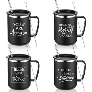 Sumind Thank You Gifts 17 oz Employee Inspirational Stainless Steel Coffee Mugs with Handle Lid Straw for Women Volunteer Teachers(Black,4 Pcs)