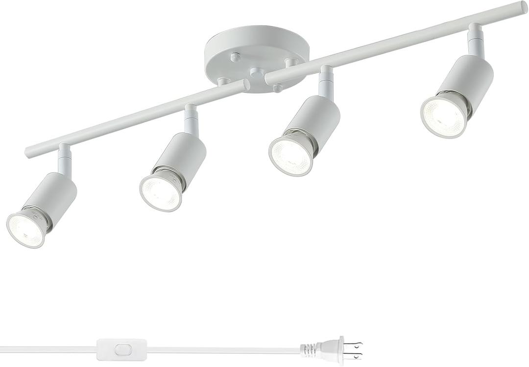 4 Light White Plug in Track Light White Plug in Ceiling Lighting Fixture with 16.4' Long Cord,4 Way Ceiling Spotlight,Rotatable Wall Mount Light Head, White-4 Light