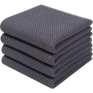 Homaxy 100% Cotton Waffle Weave Kitchen Dish Towels, Ultra Soft Absorbent Quick Drying Cleaning Towel, 13 x 28 Inches, 4-Pack, Dark Grey