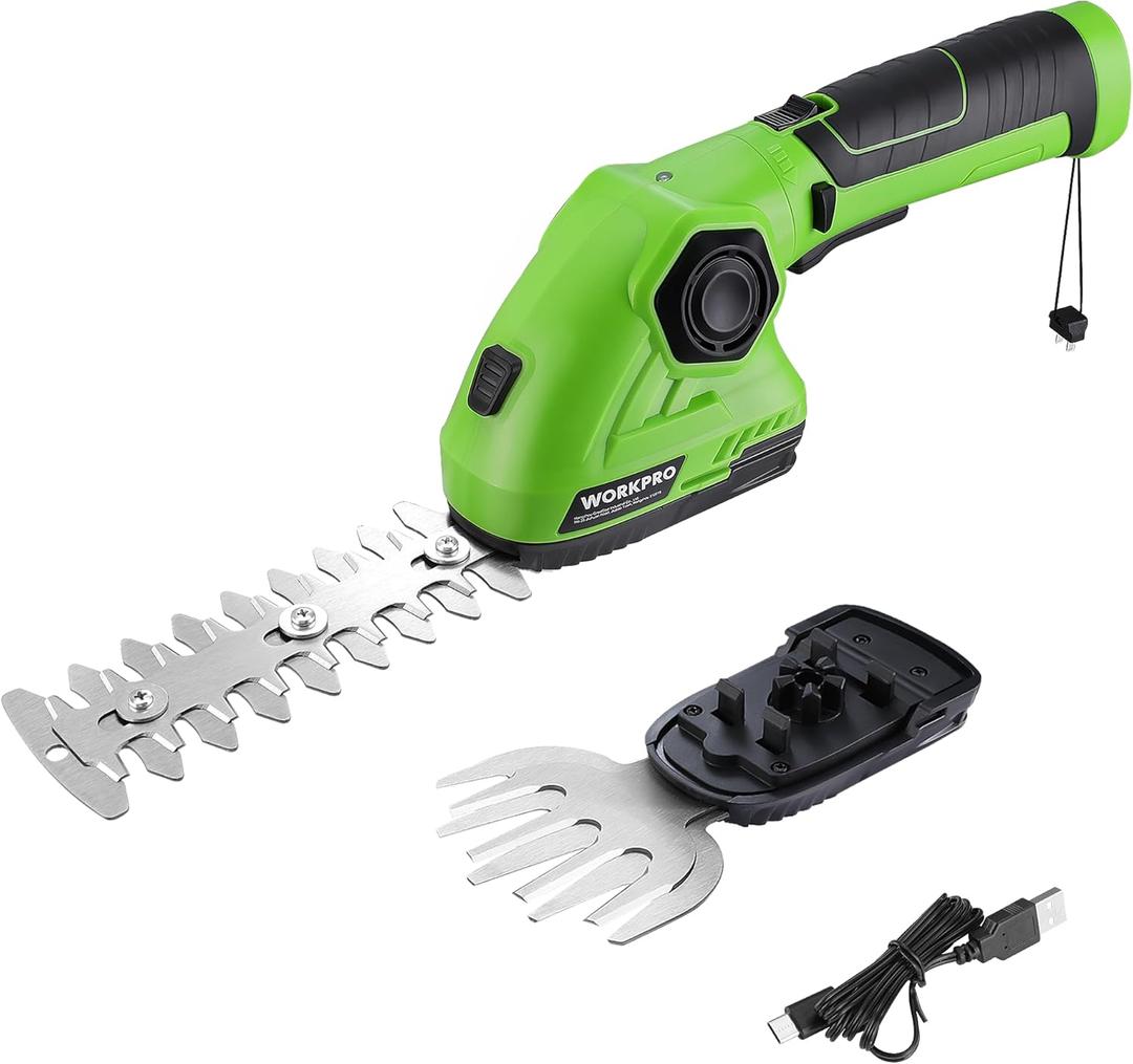 WORKPRO Cordless Grass Shear & Shrubbery Trimmer - 2 in 1 Handheld Hedge Trimmer 7.2V Electric Grass Cutter 2.0Ah Rechargeable Lithium-Ion Battery and USB Cable Included (Green)