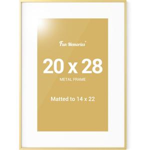 Fun Memories 20x28 Picture Frame Gold, Aluminum 20 x 28 Poster Frames with 14x22 Removable Mat, Vertical and Horizontal Display, Wall Hook Hanging, High-Definition Plexiglass, Set of 1