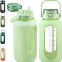 SIEROZUR 74 oz Glass Water Bolttles with Straw Large Motivational Water Bottle with Handle 2.2L Gallon Water Jug with Silicone Sleeve and Time Marker for Gym Workout (Light green)
