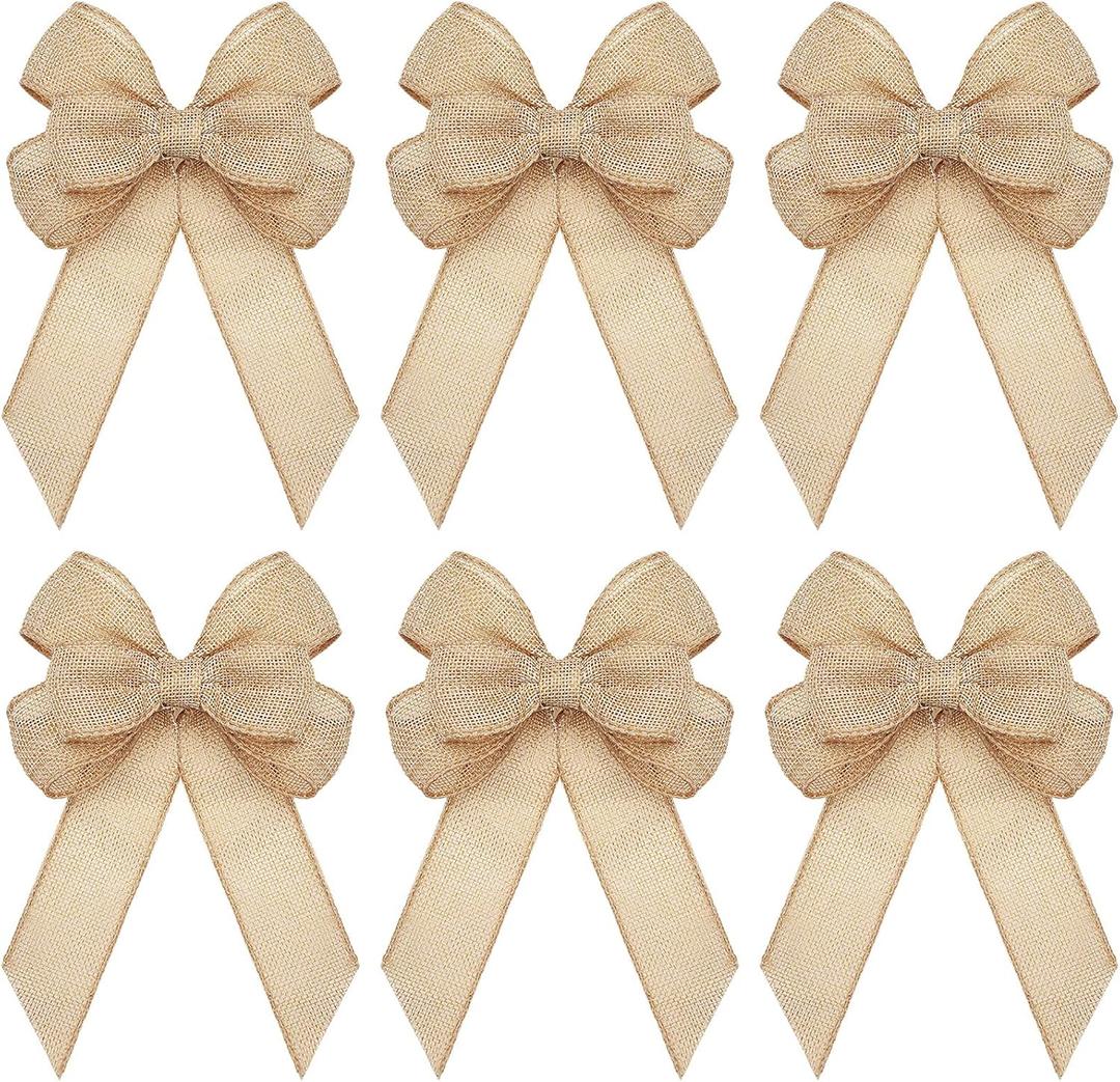 Xinnun 6 Pcs Christmas Burlap Bows Knot Handmade Ribbon Bows Natural Rustic Burlap Wreath Decorative Bowknot Ornament for Christmas Tree Wreath Craft Party Decor(Plain Style,Beige)