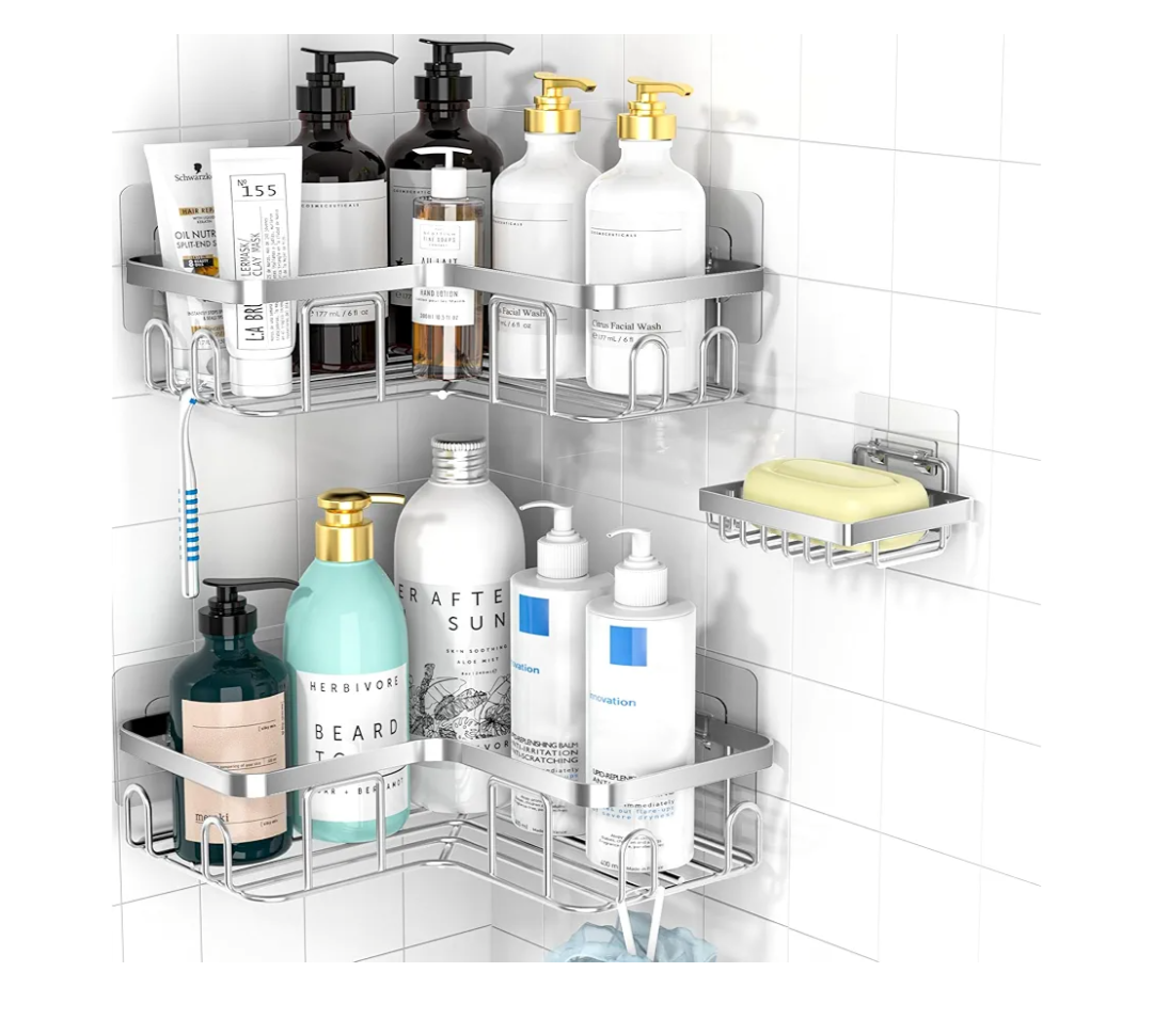 Moforoco Corner Shower Caddy Shelf Organizer Rack, Self Adhesive Black Bathroom Shelves Basket, Home Farmhouse Wall Inside Organization and Storage Decor Rv Accessories, Apartment Essentials