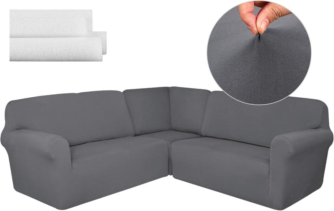 Breling 3 Pcs L Shaped Couch Covers for Sectional Corner Sofa Stretch 5 Seat Washable Corner Sofa Slipcover Sectional Couch Protector for Living Room(Light Gray,Milk Silk)