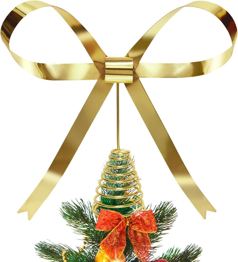 HMASYO Christmas Tree Topper Bow, 10.5 Inch Large Gold Metal Bow Tree Topper with Spiral Base for Holiday Xmas Party Christmas Tree Top Decorations (Gold)