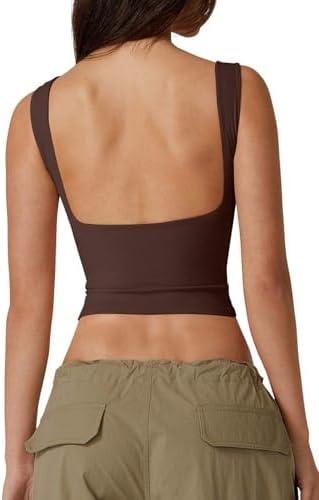QINSEN Women's Sexy Open Back Sleeveless Crop Tank High Neck Slim Fit Cropped Tee Shirt Y2k Tops Medium