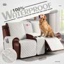 KinCam 100% Waterproof Recliner Loveseat Cover with Console, Non-Slip Reclining Couch Covers for 2 Seat, Recliner Sofa Cover Furniture Protector with Elastic Straps for Kids, Pets, Beige White, 22"D x 70"W x 40"H