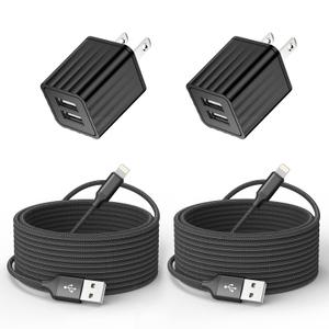 iPhone Charger 10ft, Fast i Phone Block Dual 2Port USB Wall Charger Block Adapter Plug 2 Pack & Long 10foot Fast Charging Nylon Braided Lightning Cable Cord for iPhone 14/13/12/11/XS/XR/8 Plus/SE iPad (Black)