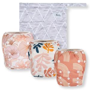 Nora's Nursery Reusable Swim Diapers and Wet Bag - One Size Fully Adjustable - Tropical 3 Pack with Wet Bag