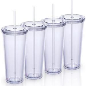 24oz Double Wall Plastic Tumblers with Lids and Straws | Large Classic Travel Tumbler | 4 Pack Set of 4 | Clear Reusable Cups with Straws | BPA Free