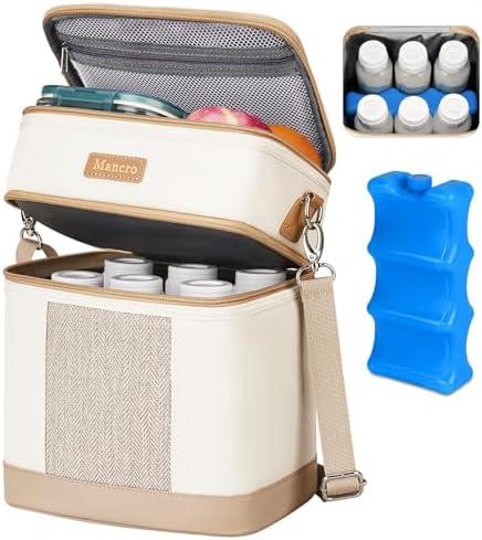 Mancro Breastmilk Cooler Bag with Ice Pack, Double Layer Insulated Baby Bottles Bag Fits 6 Bottles Up to 9 Ounces, Portable Breast Pump Cooler Travel Bag for Daycare and Nursing Moms, Beige