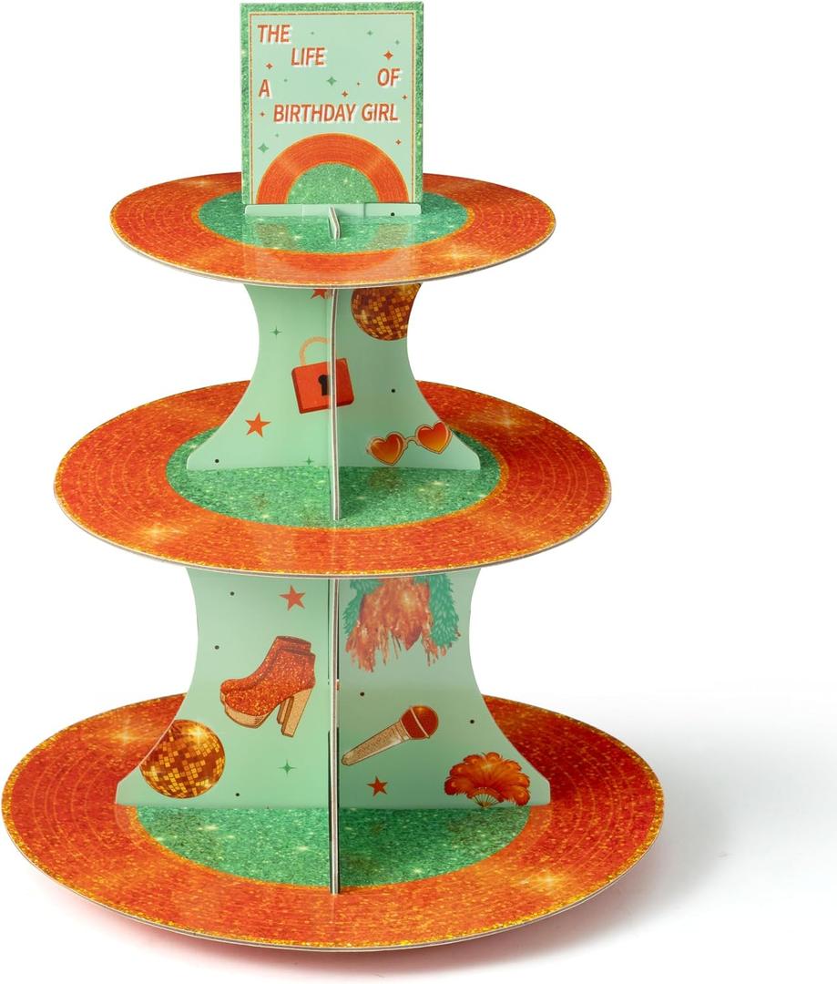 Happy Birthday Cupcake Stand - 3 Tier The Life of A Birthday Girl Dessert Holder Girl's Birthday Party Cardboard Cake Stand Orange Glitter Cupcake Display for Girls Women Party Decorations