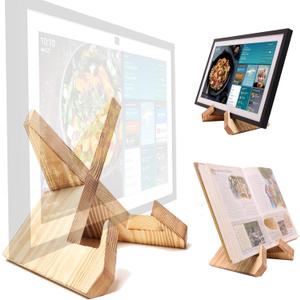 Solid Wood Tablet Computer Stands Compatible for Echo Show 15,Echo Show 21,Support Both Horizontal and Vertical Modes and Suitable for Cookbook Stand Holder Display. (Light Brown)