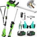 SOARFLY 2 in 1 Pole Hedge Trimmer Cordless & Handheld Hedge Trimmer | 2Pcs 4.0Ah Battery &Charger, 20V Electric Hedge Trimmer, 8.5 Feet Reach, 20" Dual-Action Blade, 11 Rotating Head Pole Trimmer