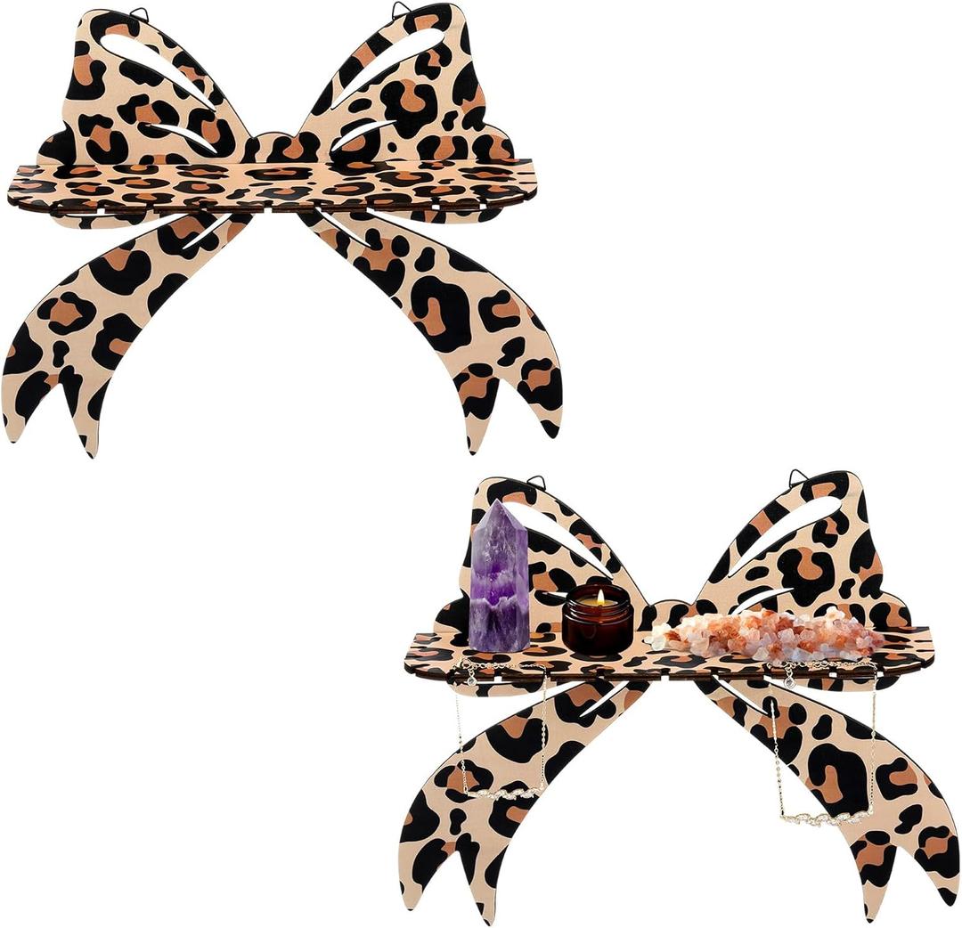 Pinkunn 2 Pcs Leopard Bow Wall Shelves Brown Cheetah Floating Crystal Display Rack with Screws Wooden Decorative Shelves Wall Mount Rustic Home Decor for Crystals Stone Sundries Storage