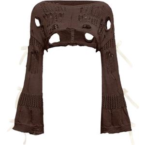 BEAUDRM Women's Crochet Bolero Shrug Bell Sleeve Sweater Whimsical Clothes | Bow, Pullover Top, Distressed Crop Top, Grunge Clothes, Goth Clothes, Concert Outfits (Brown) XS