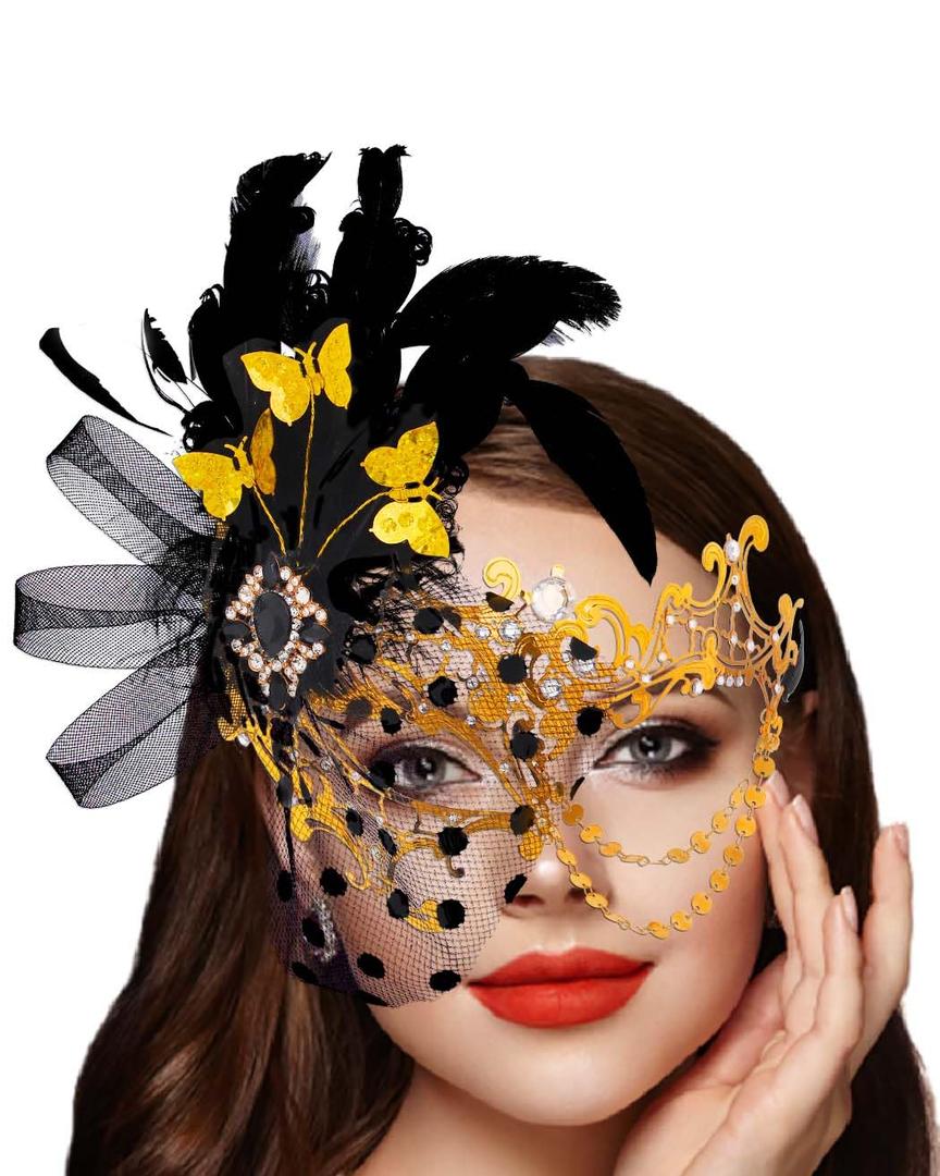Campsis Women Masquerade Mask, Gold Masquerade Ball Mask, Feather Venetian Mask