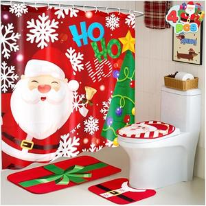 JOYIN 4 Pcs Christmas Bathroom Set with Shower Curtain, Bath Mat, Toilet Lid Cover, U Shape Rug & Hooks, Xmas Bathroom Decor Santa Claus Theme for Holiday Use Party Favors Indoor