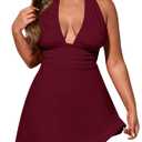 WDIRARA Women's Plus Size Deep V Neck Halter Mini Dress Tie Backless Ruched A Line Dresses 2XL
