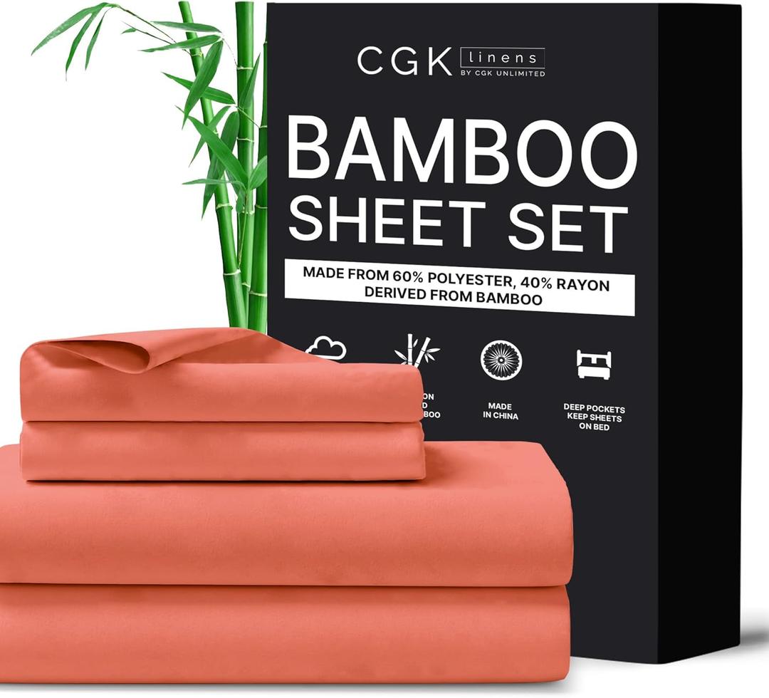 CGK Unlimited Queen Size Bed Sheets- Cooling & Breathable, 60% Polyester, 40% Rayon Derived from Bamboo Super Soft & Comfy for Hot Sleepers to Stay Cool (Queen, Coral)