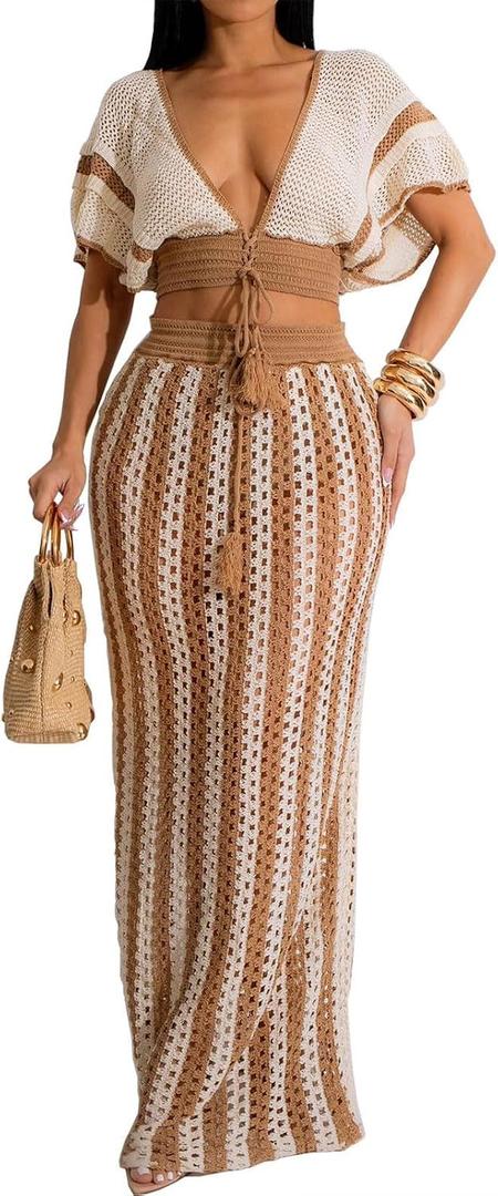 2 Piece Skirt Sets for Women Knit Crochet Color Block Crop Top Striped Maxi Skirts Hollow Out Vacation Outfits, XL