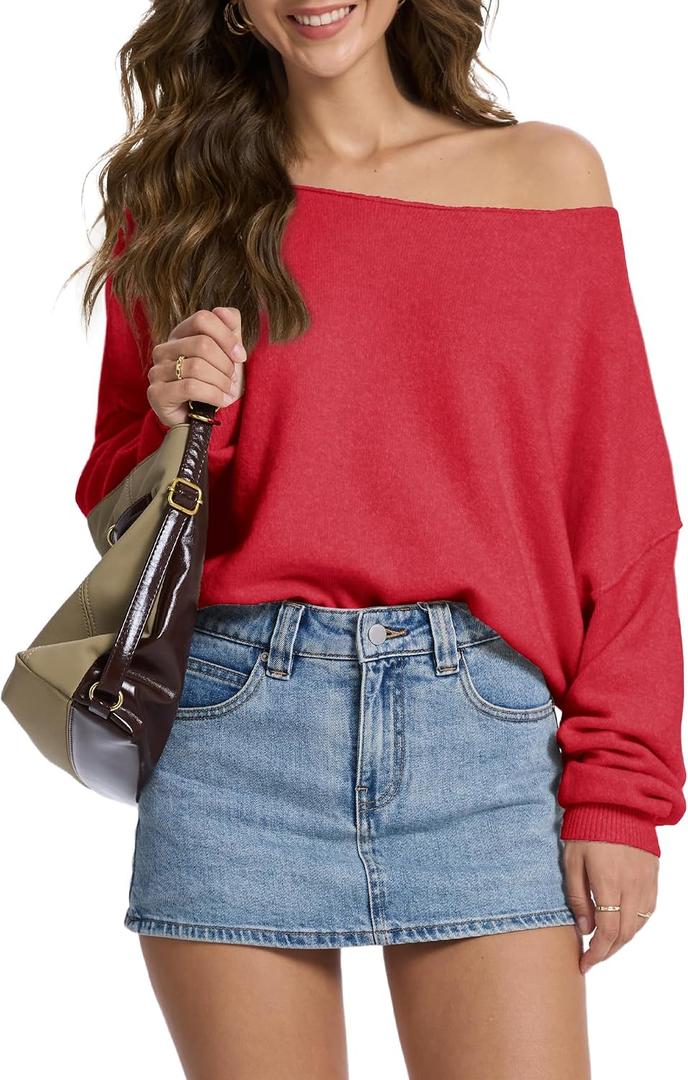 FAlABLE Women's Sweater Off Shoulder & Boat Neck Oversized Long Sleeve Pullover Cozy Knit Fall Winter Casual Tops (Red, L)