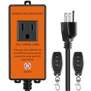 Automatic Remote Vacuum Outlet with 2 Remote Controls, 120V/15A, Dust Collector Remote Switch, Auto ON Off Switch for Dust Collector,5S Delay Shutdown