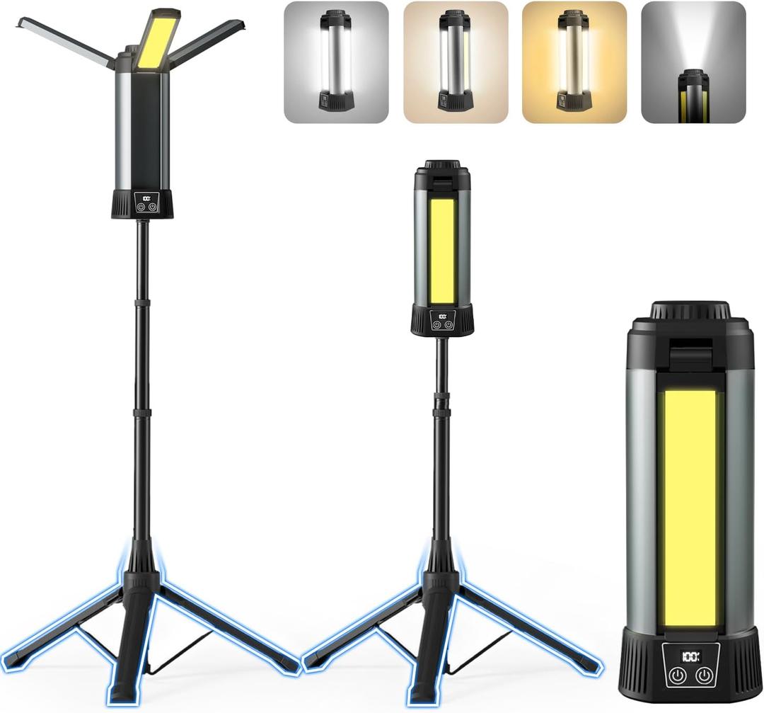 Rechargeable Camping Light with Stand 54" 3 LED Lamp Heads Detachable Tripod, 6000mAh 2000 Lumen Dimmable, Magnetic Emergency Flashlight, Outdoor Indoor Jobsite Workshop,Portable Cordless