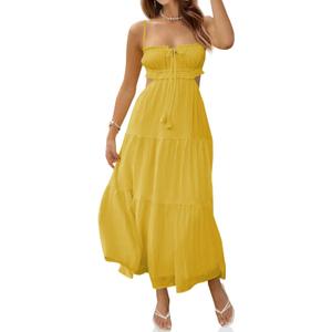 Fisoew Women's Spaghetti Strap Maxi Dress Summer Sleeveless Side Cut Out Dress Casual Boho Backless Flowy Long Dresses (Large, Yellow)