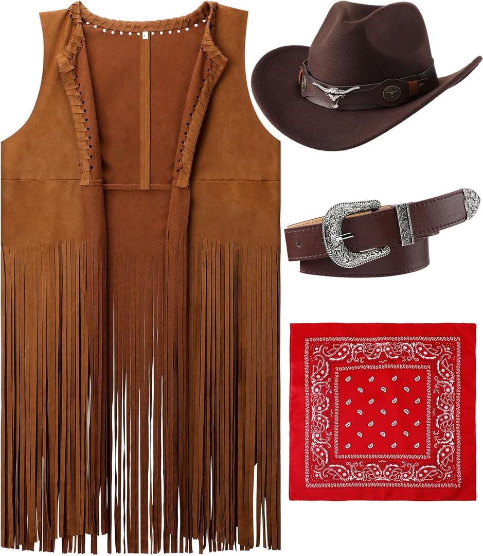 Hercicy Western Outfits for Women Cowgirl Tassel Sleeveless Vest Cowboy Hat Belt and Paisley Bandana for Halloween Dress Up (Small, Brown)