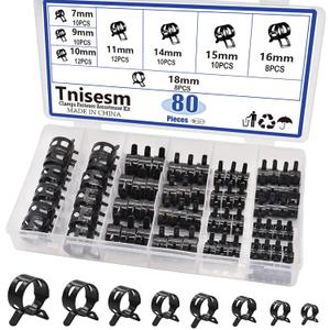 Tnisesm 80Pcs Spring Band Hose Clamps Assortment kits Silicone Vacuum Hose Pipe Clamp 7mm 9mm 10mm 11mm 14mm 15mm 16mm 18mm Low Pressure Air Clip Clamp(Black)