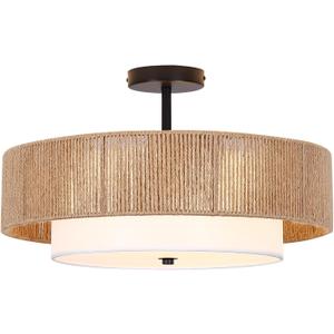 Bohemian Wicker Flush Mount Ceiling Light, boho rattan Light​ fixture, 19.7-Inch