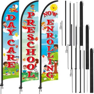 3 Pack Now Enrolling Preschool Daycare Feather Flag 12ft x 2.5ft Swooper Flag Weatherproof Polyester Now Open Banner for Schools Daycare Business Advertising