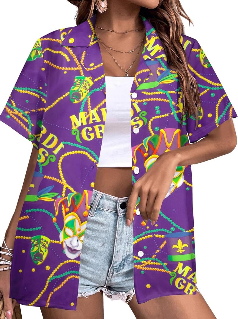 ALLTB Mardi Gras Outfit for Women Hawaii Shirts Carnival Themed Mask Tee Party Holiday T-Shirt Short Sleeve Button Down Top (Small)