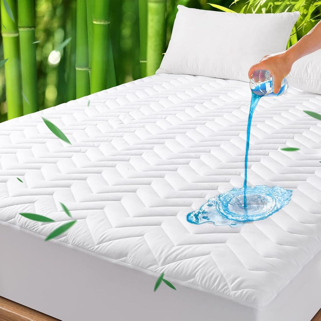 Unilibra King Size Waterproof Mattress Pad Rayon Made from Bamboo, Quilted Breathable Mattress Protector, 6''-25'' Deep Pocket Fitted Mattress Cover White