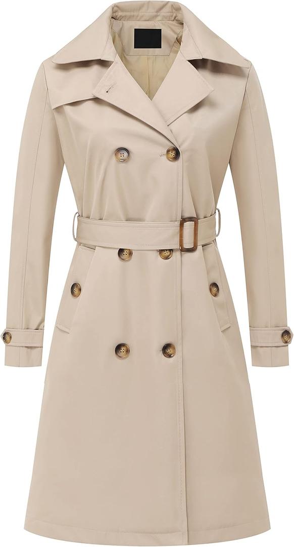 Chrisuno Women's Double Breasted Long Trench Coats Mid-Length Belted Overcoat Dress Jacket with Detachable Hood (Large, Khaki)