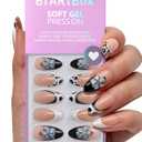 BTArtbox Press On Nails Medium - 3D Flower Almond French Tip Press On Nails with Glue for Women, Opaque Soft Gel Glue On Nails in 15 Sizes - 30 Stick On Nails Kit, Bessie & Bestie