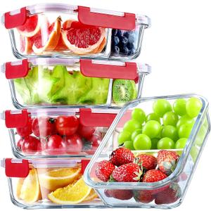 VERONES 5 Pack Glass Meal Prep Containers 2 Compartment Set, 36OZ Airtight Glass Lunch Containers, Glass Food Storage Containers with Lids, for Microwave, Oven, Freezer & Dishwasher Friendly,Red