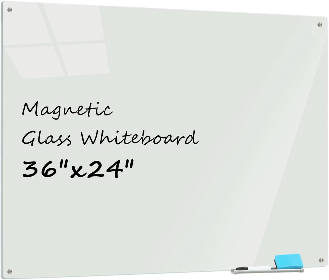 Magnetic Glass Dry Erase Whiteboard, 36 x 24 Inches Frameless Glass White Board Wall Mounted for Office, Classroom, and Home, (3' x 2')